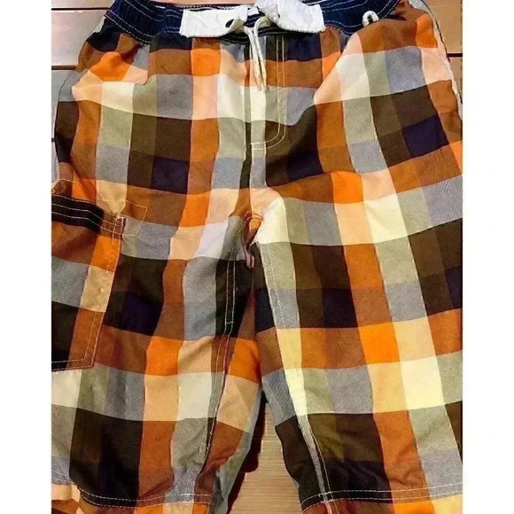 Mini Boden Boys Swim Trunks Plaid Cargo Orange Lined Board Shorts - Picture 2 of 5